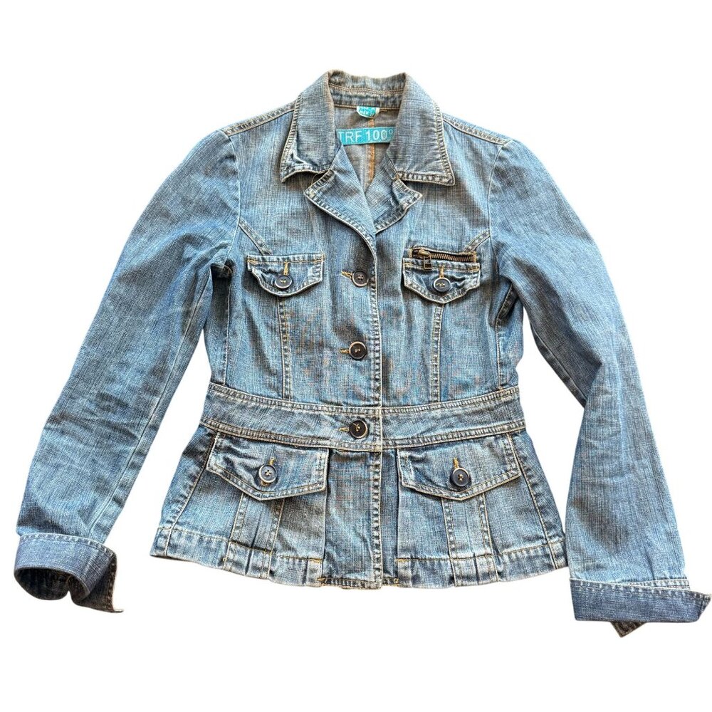 TRF 100% Denim Button Front Jean Utility Jacket Womens Medium StreetStyle Blue - Picture 1 of 8